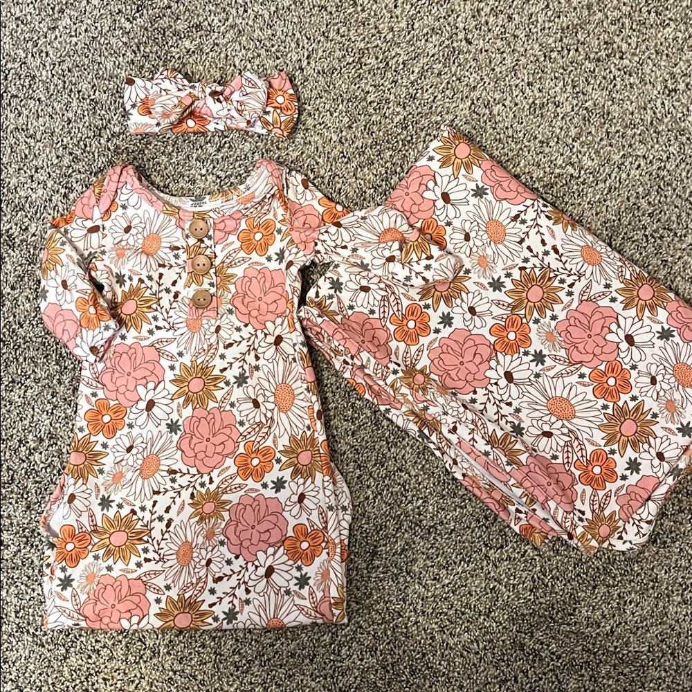 Caden Lane Pink Floral Kids Pajama Set with Headband and receiving blanket